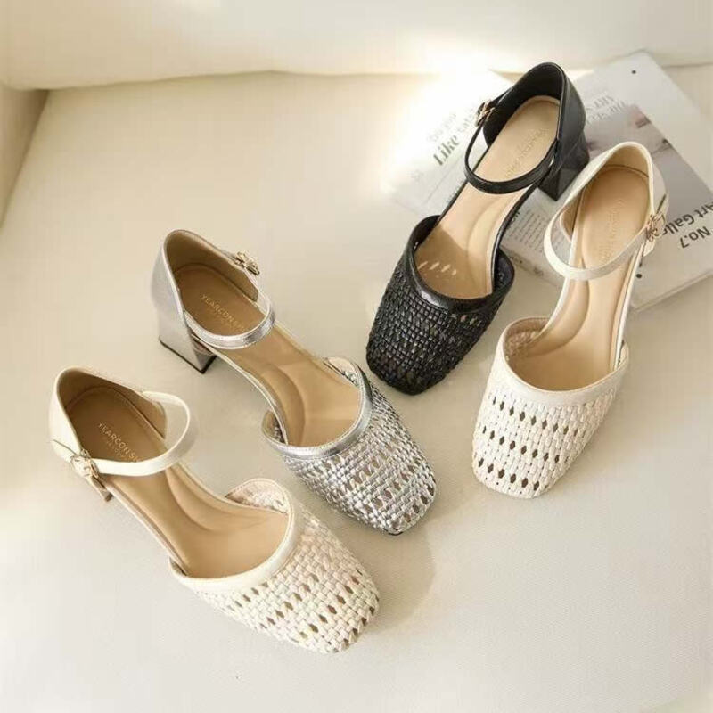 Women Shoes Branded - Sandali Eleganti Intrecciati con Tacco Grosso